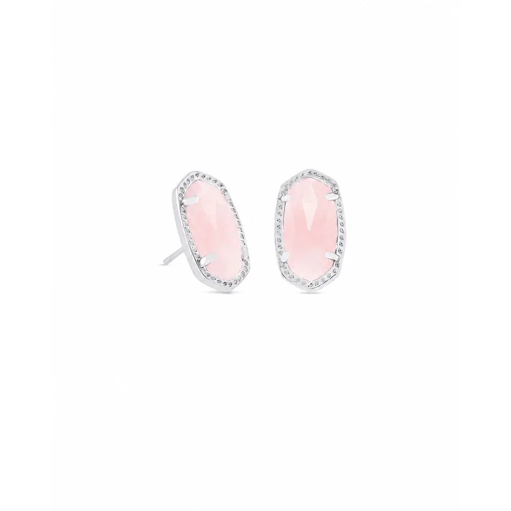 New In Bag Kendra Scott Ellie Silver Stud Earrings in Rose Quartz / MSRP $60